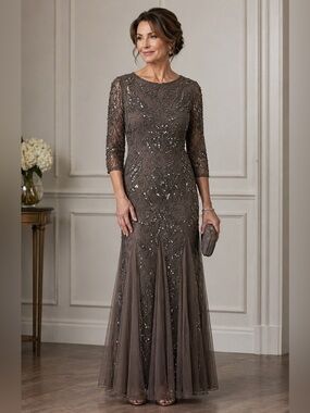 Pisarro Nights Beaded Gray Maxi Dress-Wedding Mother Bride / Groom MSRP $268